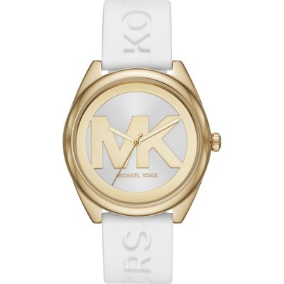Michael Kors MK7141 Janelle watch with gold-tone case, silver dial, and white silicone strap