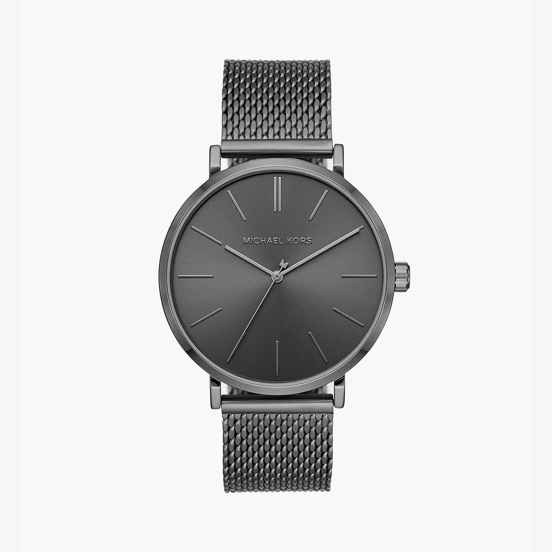 Michael Kors MK7151 gunmetal stainless steel watch with three-hand dial and mesh strap