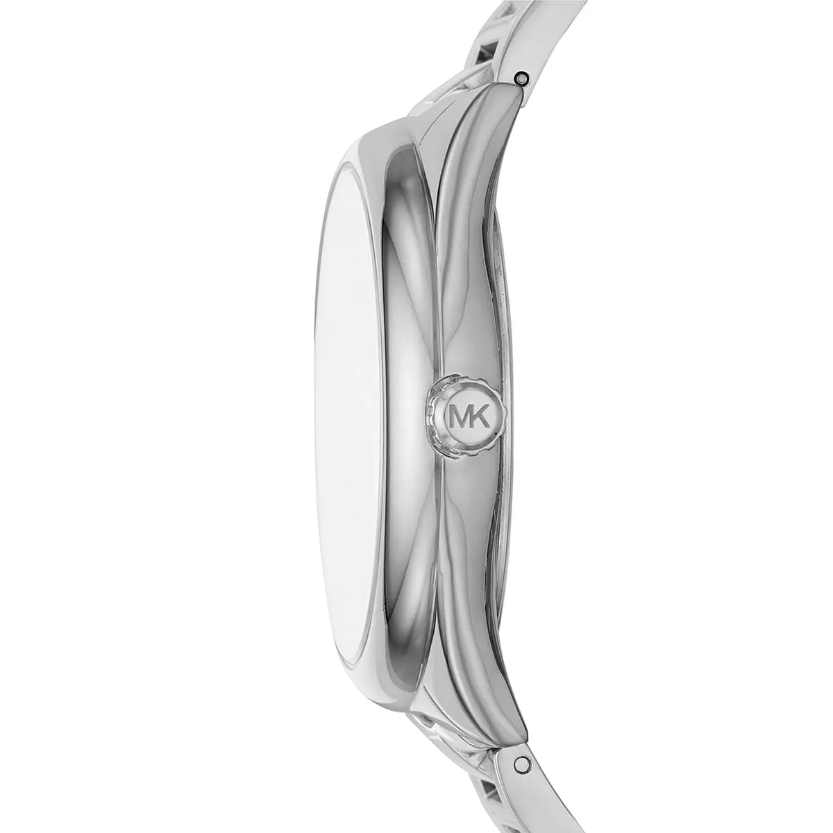 Side profile of Michael Kors Janelle watch showing case depth and stainless steel strap design with MK insignia