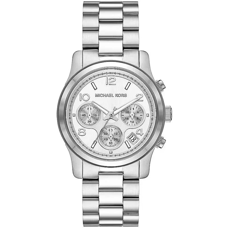 Michael Kors MK7325 Iconic Runway Chronograph silver women's watch with white dial and steel bracelet