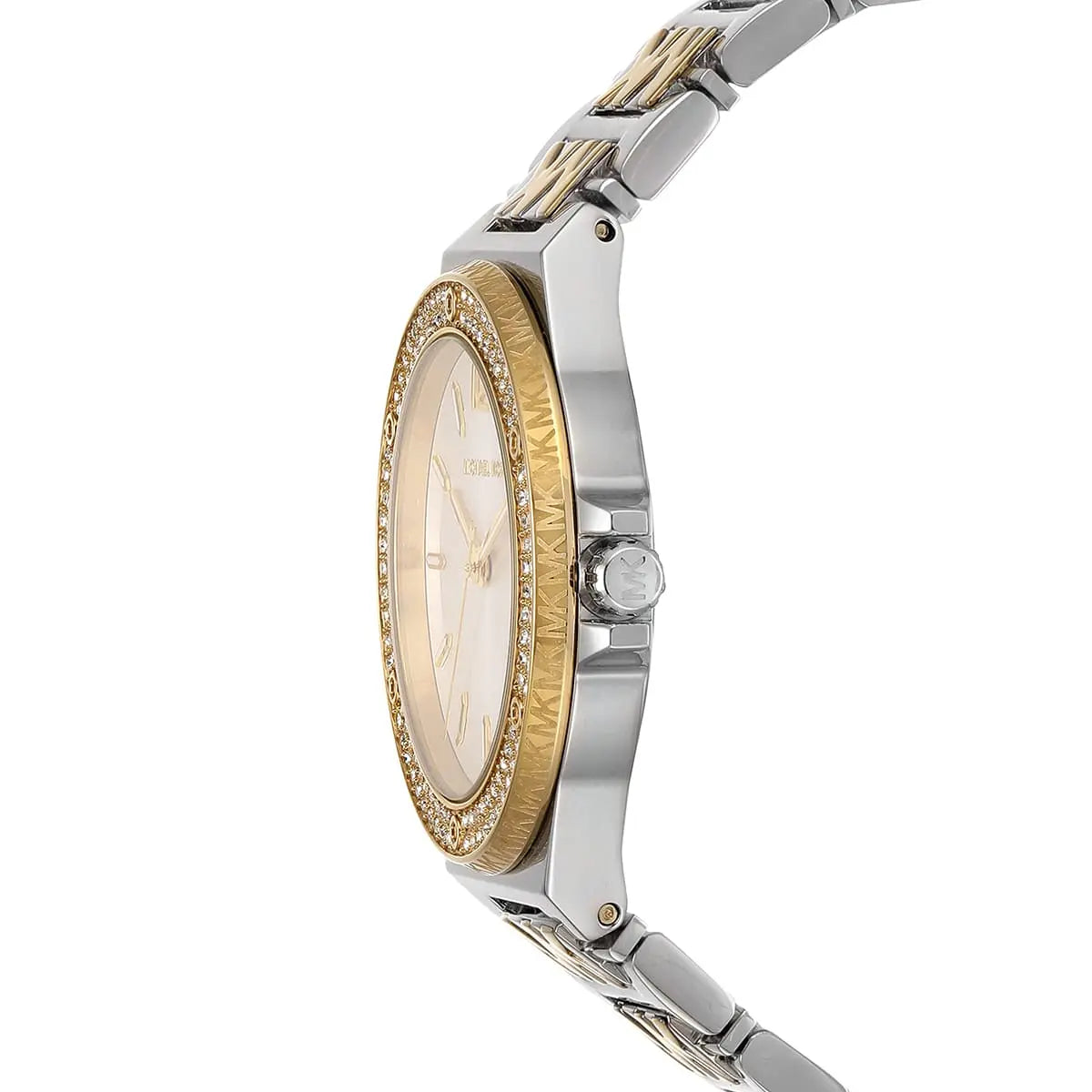 MK7338 watch side profile showing gold and silver bezel with crystal detailing