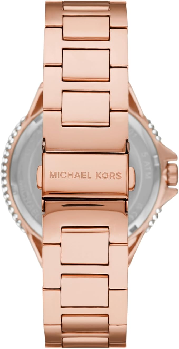 Case back of Michael Kors MK7340 showing rose gold-tone metal with brand engraving