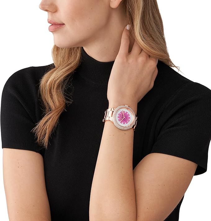 Michael Kors Camille women's watch worn on wrist with rose gold bracelet and pavé bezel