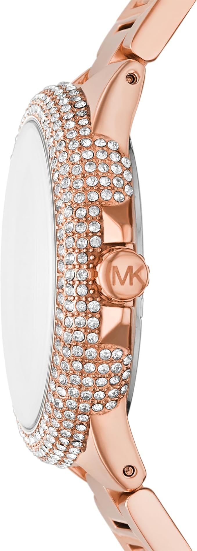 Side view of Michael Kors Camille watch showing rose gold bracelet and crystal-set case