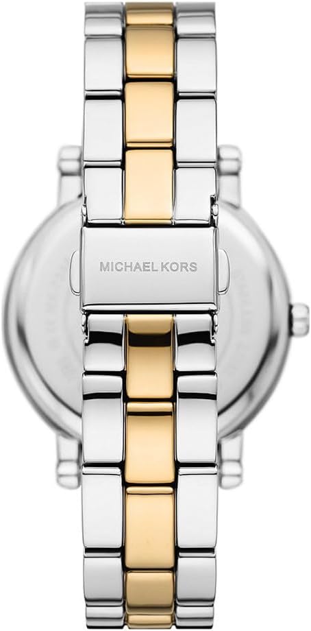 Caseback view of Michael Kors MK7348 with silver case and two-tone link bracelet