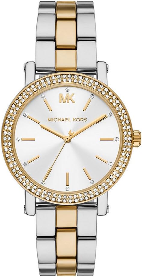 Michael Kors MK7348 two-tone gold and silver watch with crystal bezel and white dial