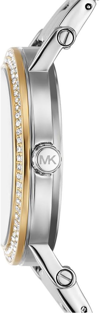 Side profile of Michael Kors MK7348 watch showing case thickness and two-tone bracelet