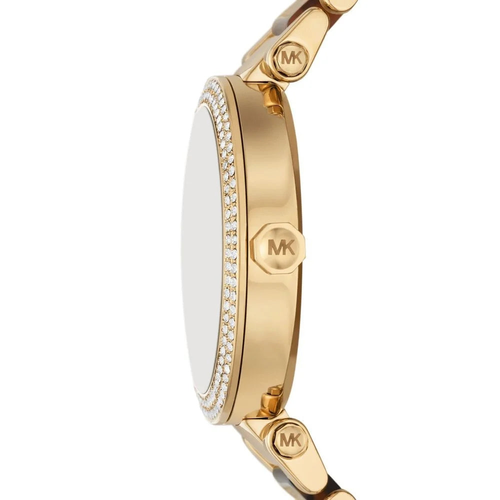 Michael Kors MK7369 side profile displaying crystal-set bezel and gold case