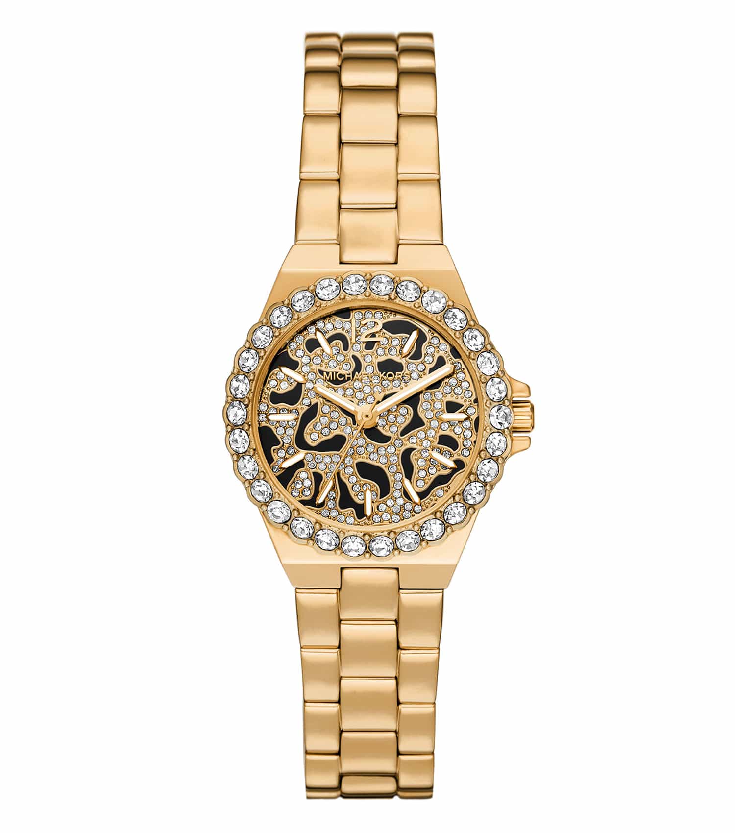 Michael Kors Mini Lennox gold-tone women's watch with pavé crystal bezel and leopard dial
