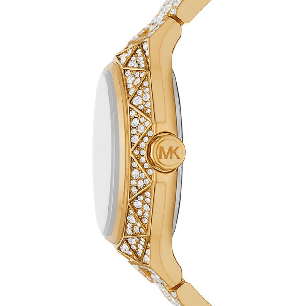 Michael Kors MK7398 Raquel Pavé watch side profile showing gold-tone case and MK logo on crown