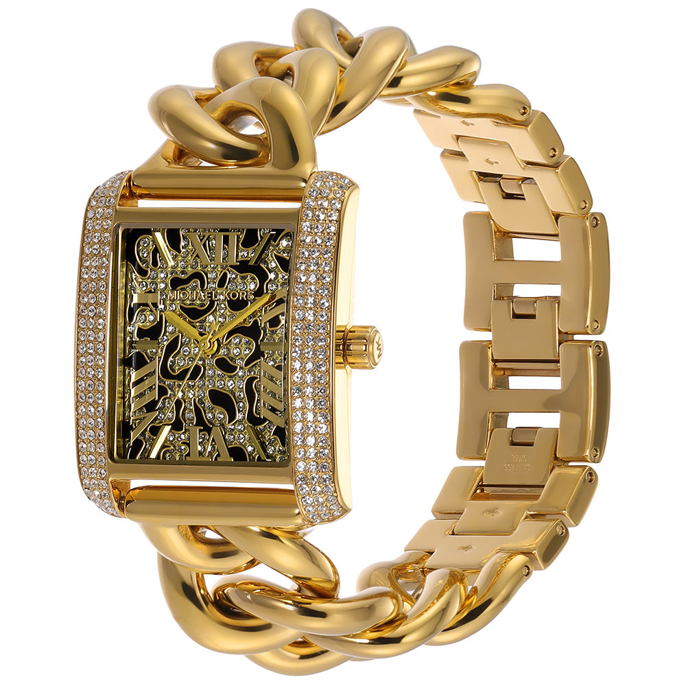 Michael Kors Mini Emery gold curb-link chain bracelet with rectangular case and animal print dial