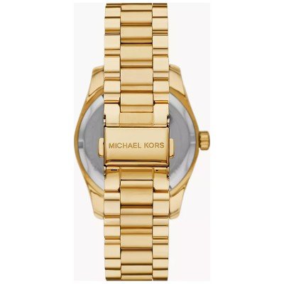 Michael Kors MK7449 Lexington watch caseback showing gold-tone stainless steel bracelet and case