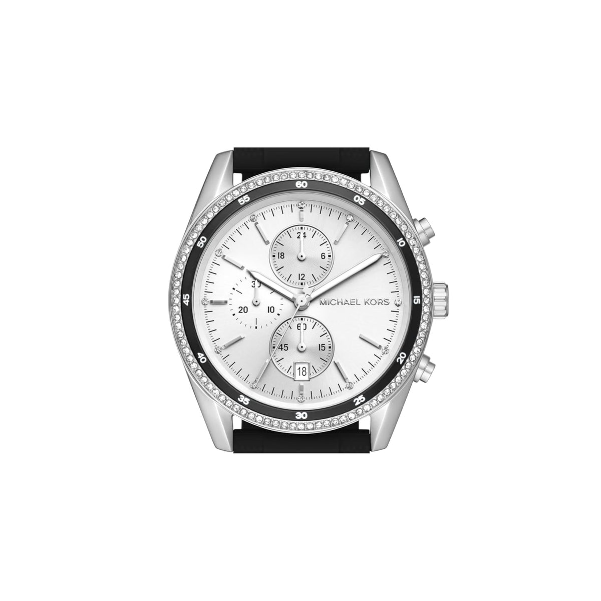 Michael Kors MK7486 chronograph watch with silver case and black strap