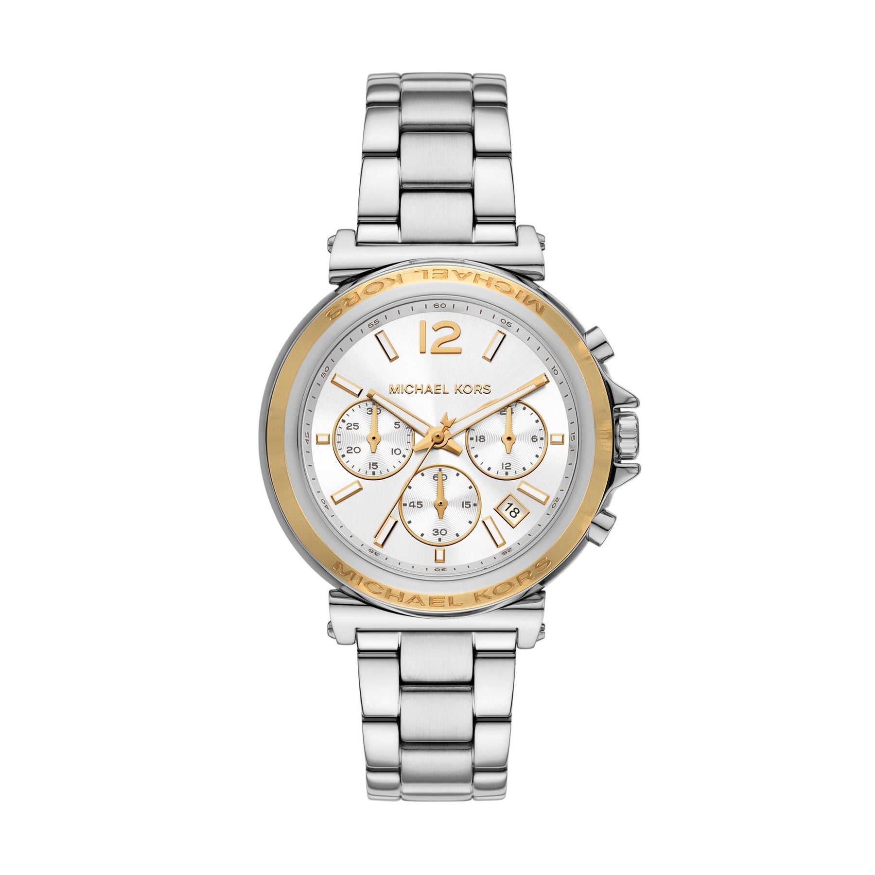 Michael Kors Maren chronograph watch with white dial, silver and gold-tone case, and silver bracelet