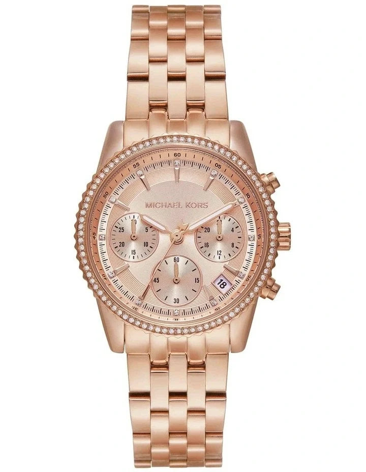Michael Kors Mini Bryant rose-gold chronograph watch with pavé bezel and triple sub-dials on matching bracelet