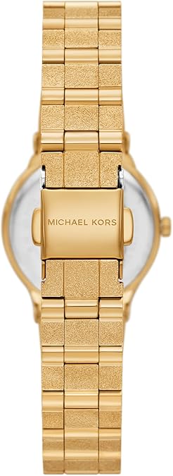 Gold-tone bracelet and caseback of Michael Kors MK7554 showing engraved logo