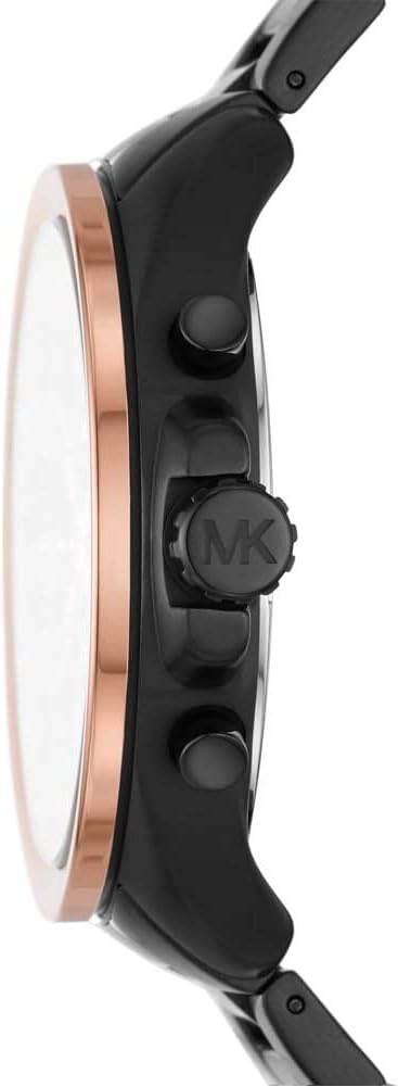 Michael Kors MK8933 watch side view showing rose gold bezel, black case, and chronograph pushers