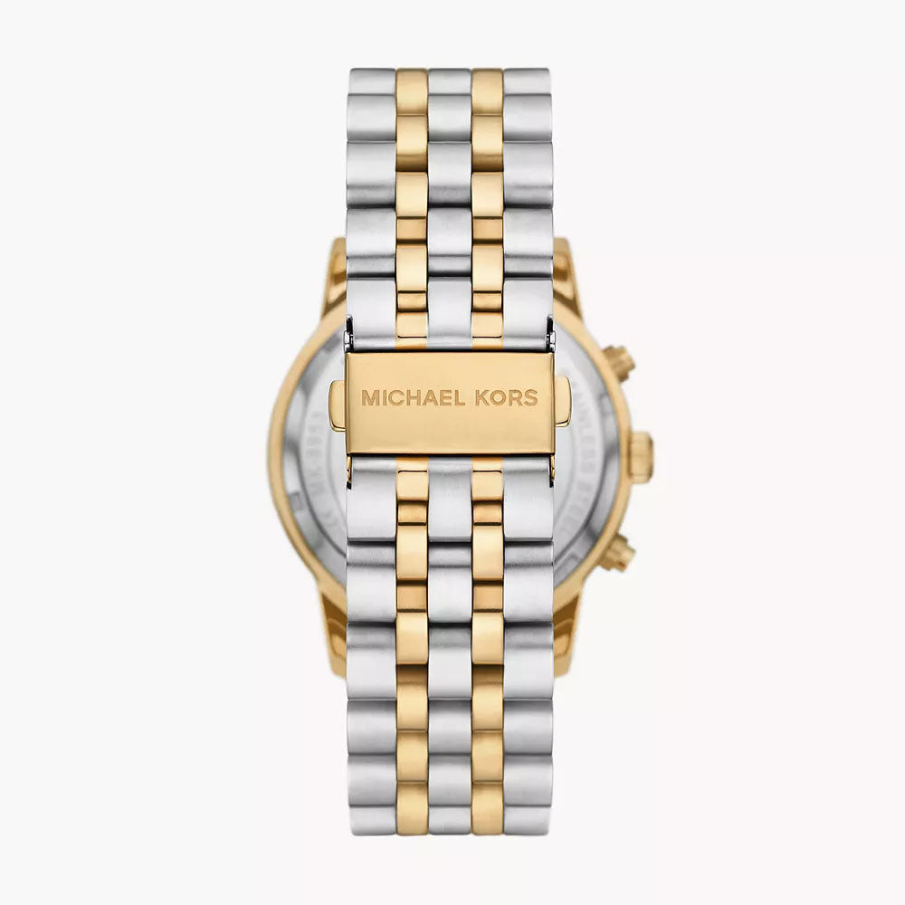 MK8954 caseback view displaying two-tone stainless steel bracelet and gold center link
