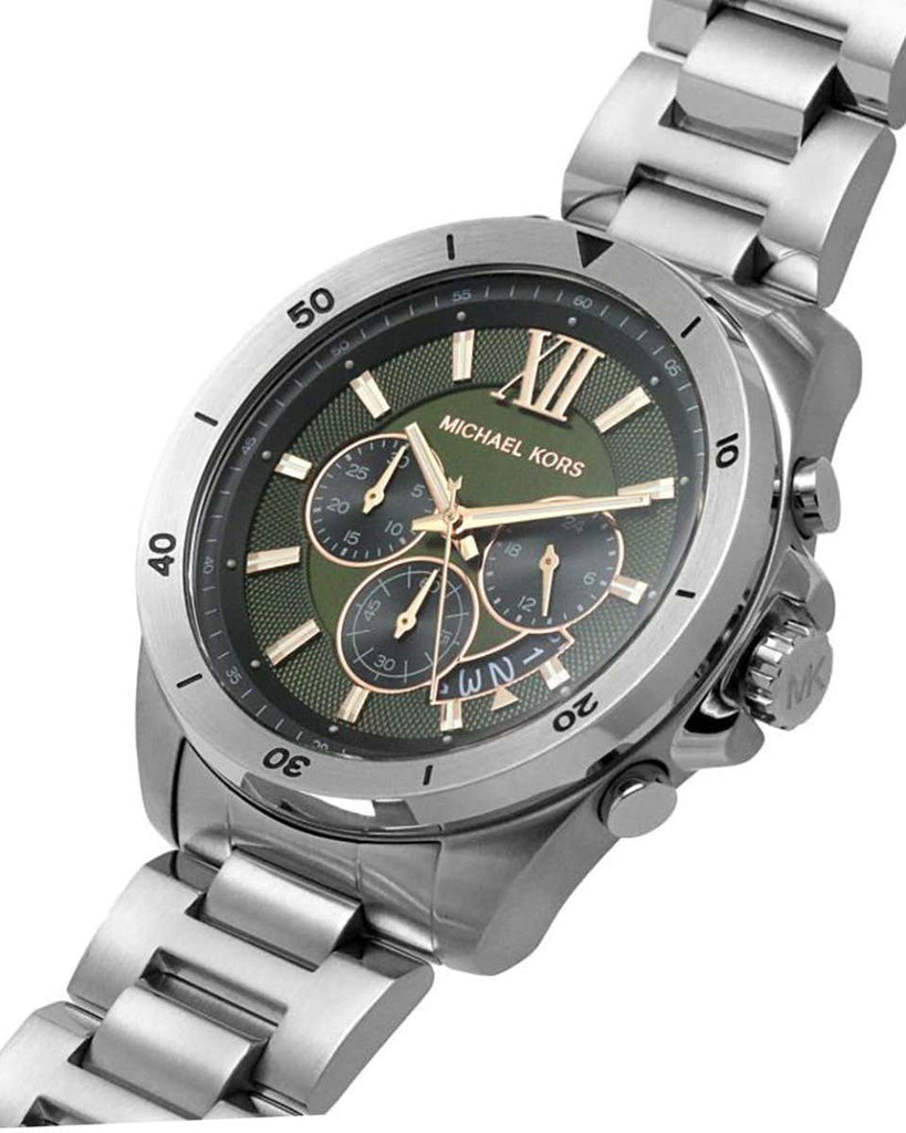 Michael Kors Brecken MK8984 watch angled view showing silver bracelet and chronograph subdials