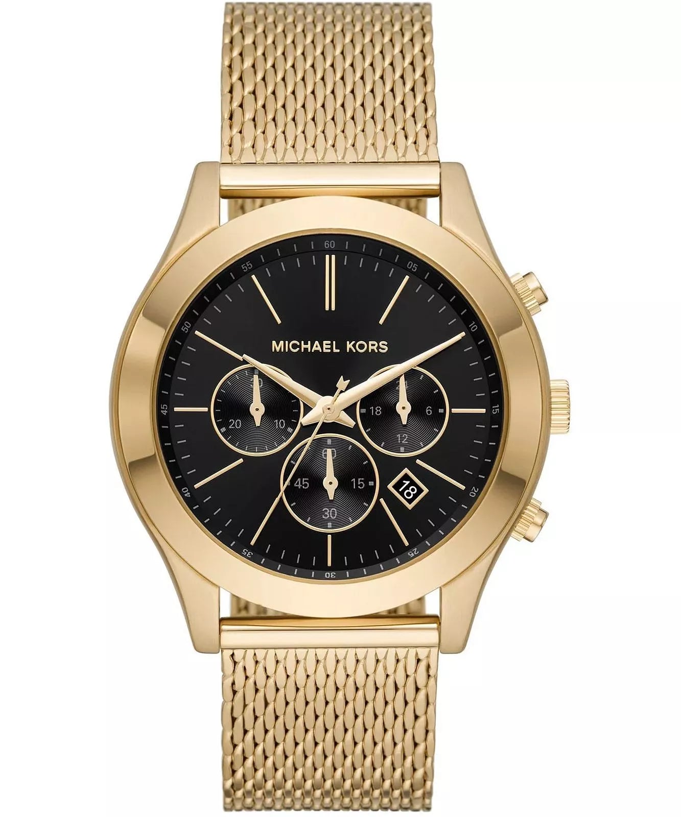 Michael Kors Slim Runway chronograph watch with black dial and gold mesh strap