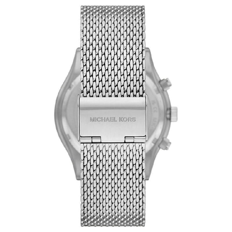Silver mesh strap with Michael Kors branding on the clasp of the Slim Runway chronograph