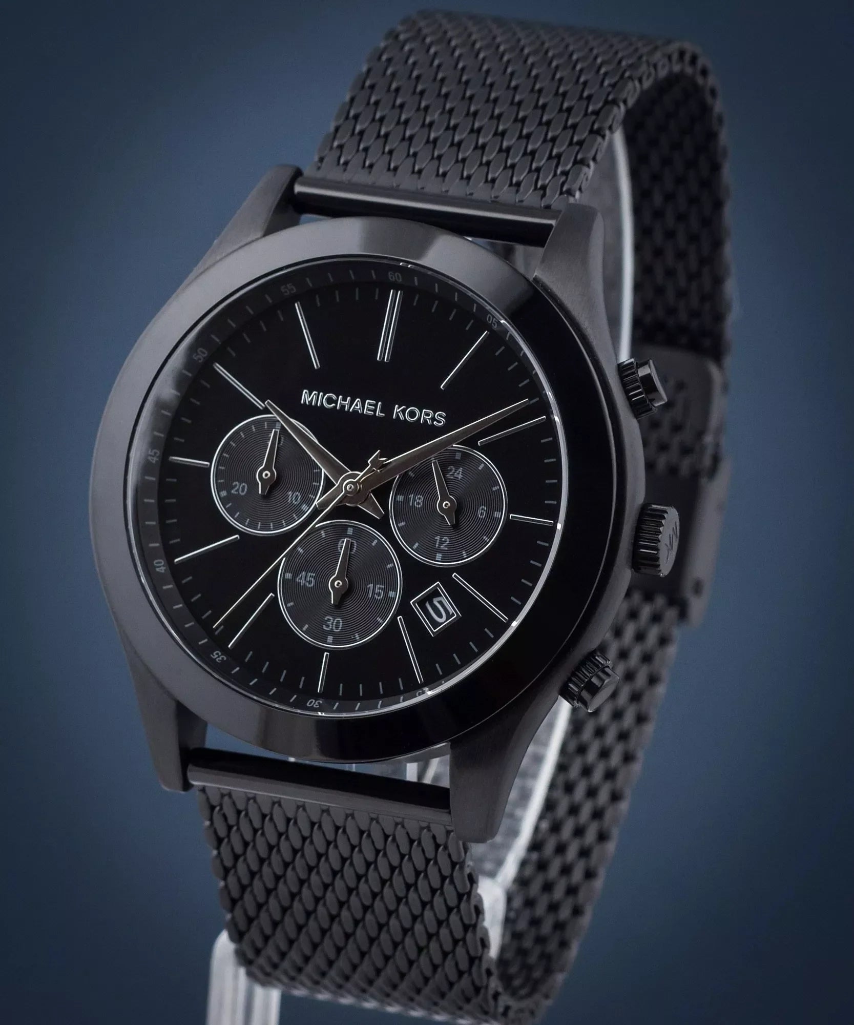 Michael Kors MK9060 black chronograph watch angled view with mesh band