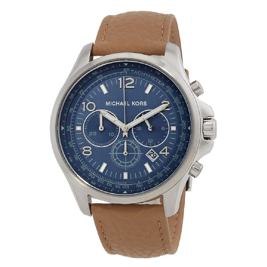 Michael Kors Pilot Chronograph quartz watch with blue dial and brown leather strap