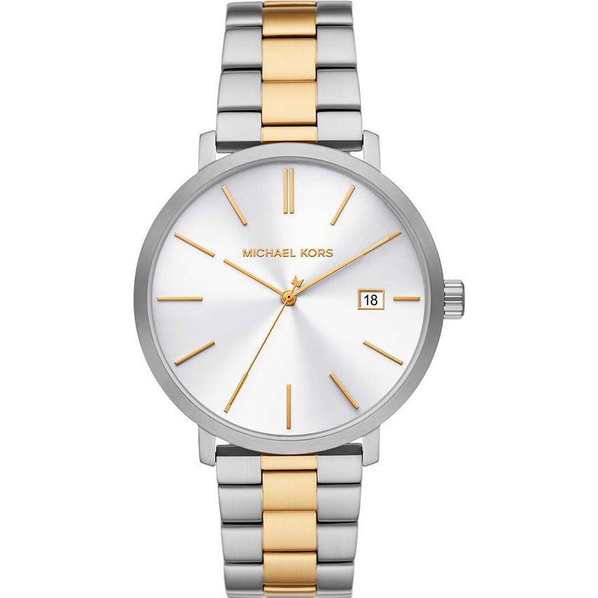 Michael Kors MK9134 silver and gold-tone men's watch with white dial and date window