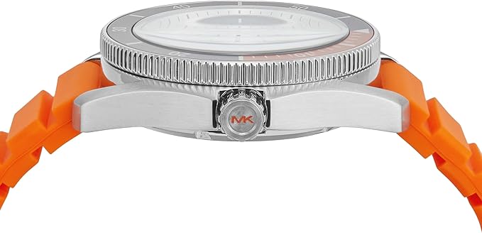 Michael Kors MK9157 watch side view showing stainless steel case and orange strap