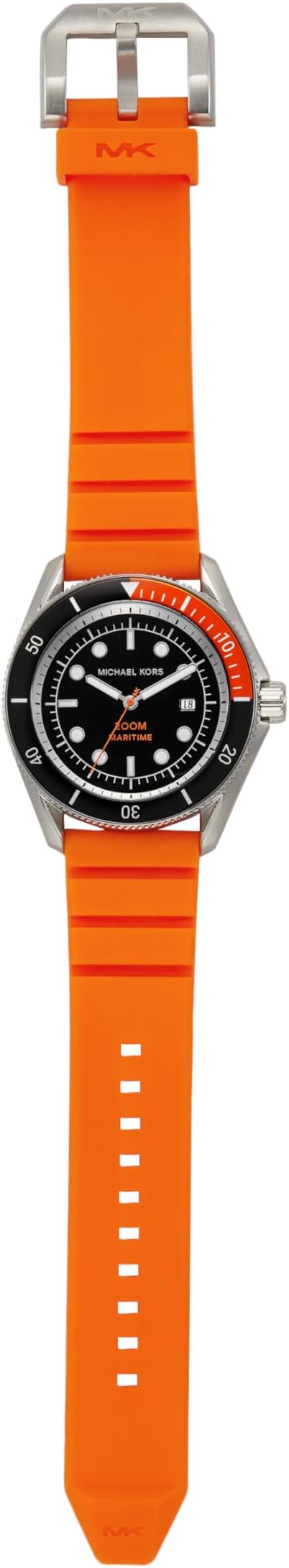 Michael Kors MK9157 orange rubber strap with stainless steel buckle laid out flat