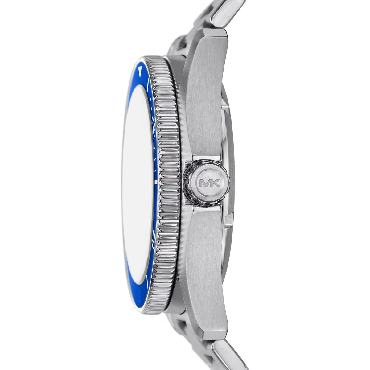 MK9160 watch side profile showing silver steel bracelet and blue rotating bezel with MK logo