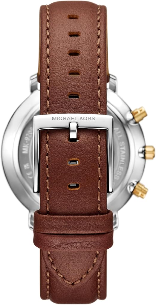 Michael Kors MK9209 watch caseback showing chronograph pushers and brown leather strap