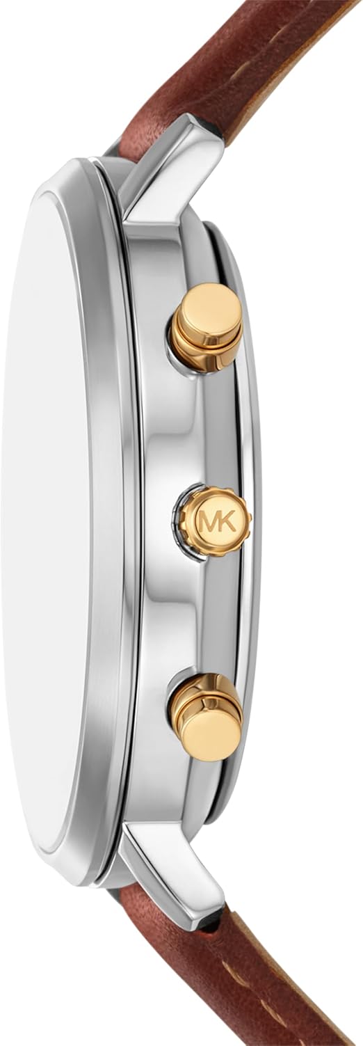 Side view of Michael Kors MK9209 chronograph showing stainless steel case and gold-tone pushers