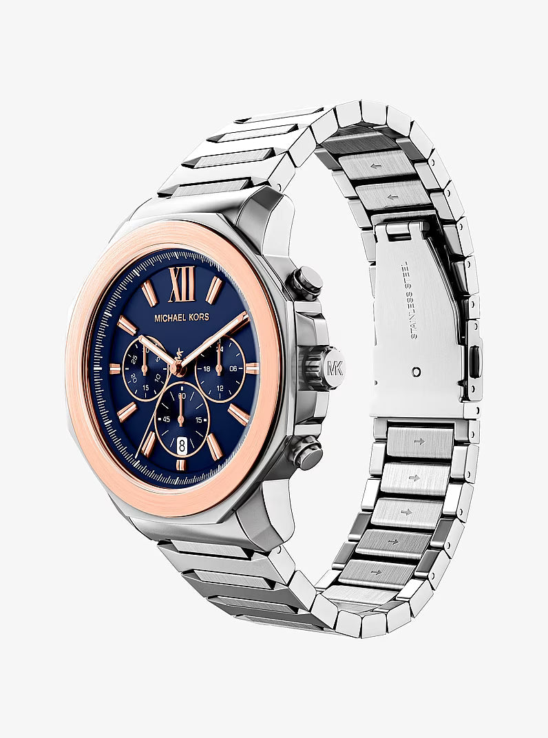 Michael Kors Prescott MK9250 showing front dial and side profile of stainless steel bracelet