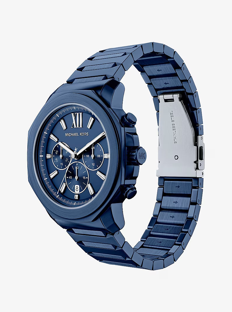 Michael Kors Prescott MK9251 blue chronograph watch showing side profile and bracelet clasp detail