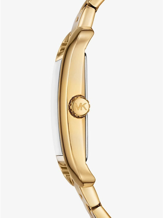 Side profile of gold rectangular watch case showing depth and bracelet links