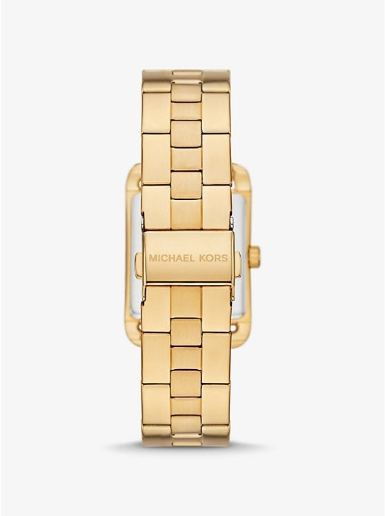 Back view of Michael Kors gold watch with caseback and link bracelet
