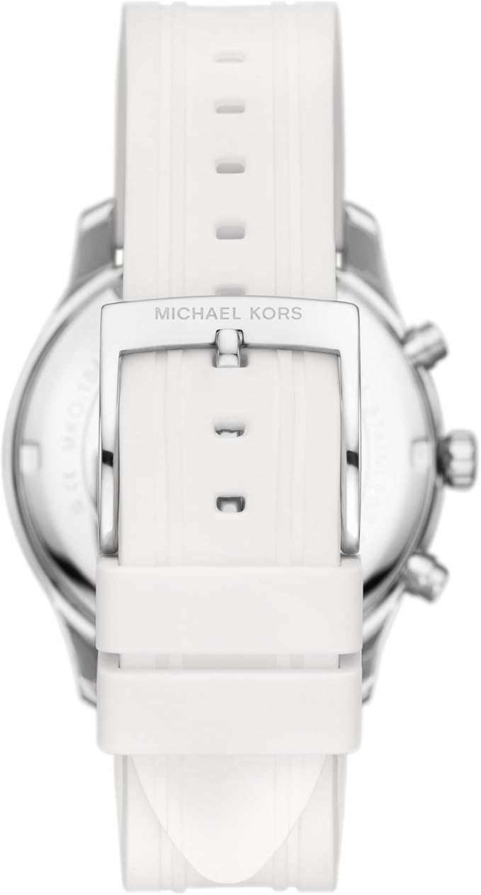 Back view of Michael Kors MKO1040 watch with white silicone strap