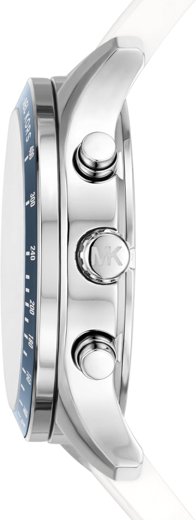 Side profile of Michael Kors MKO1040 showing white strap and blue bezel detail