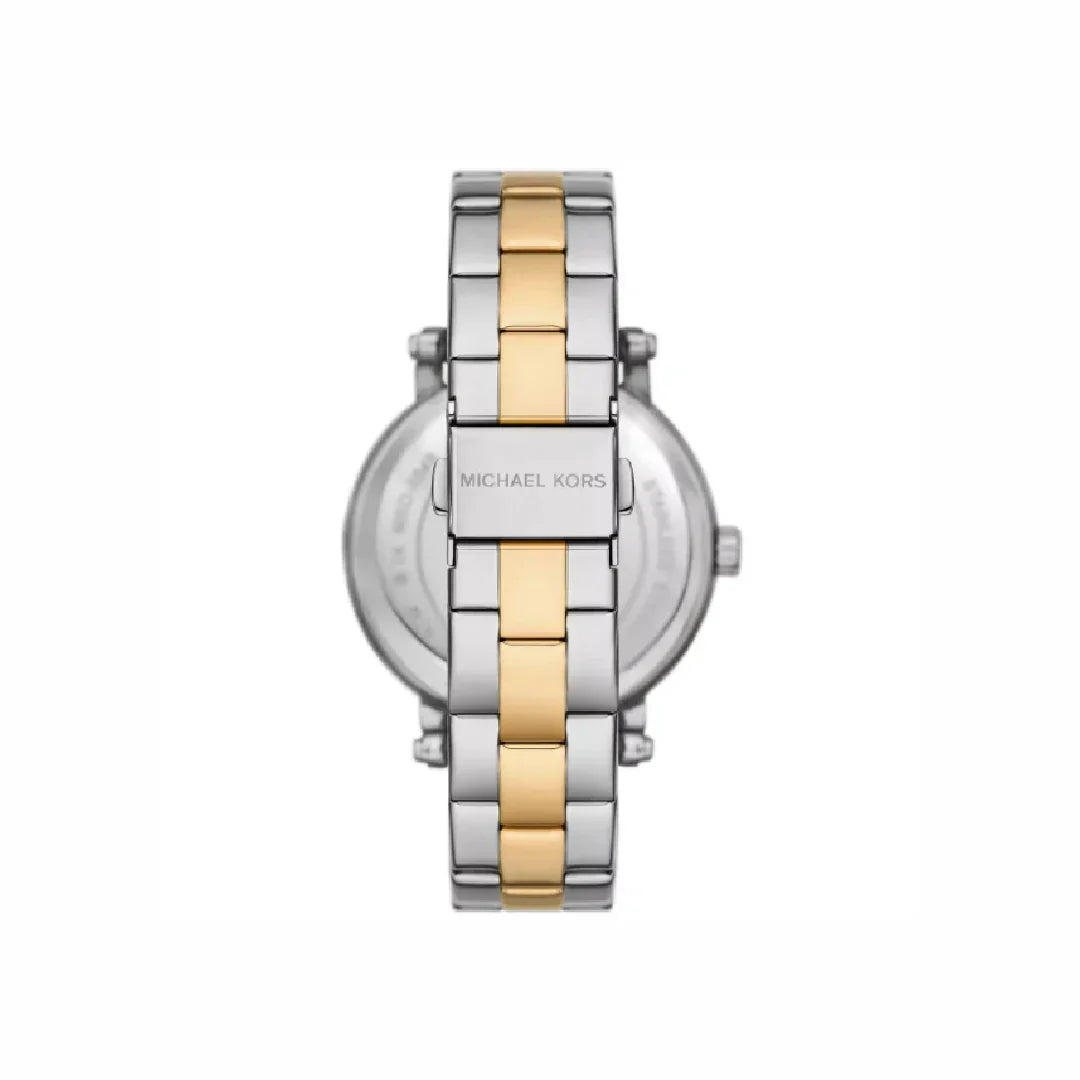 Michael Kors MKO1049 watch caseback showing two-tone gold and silver strap