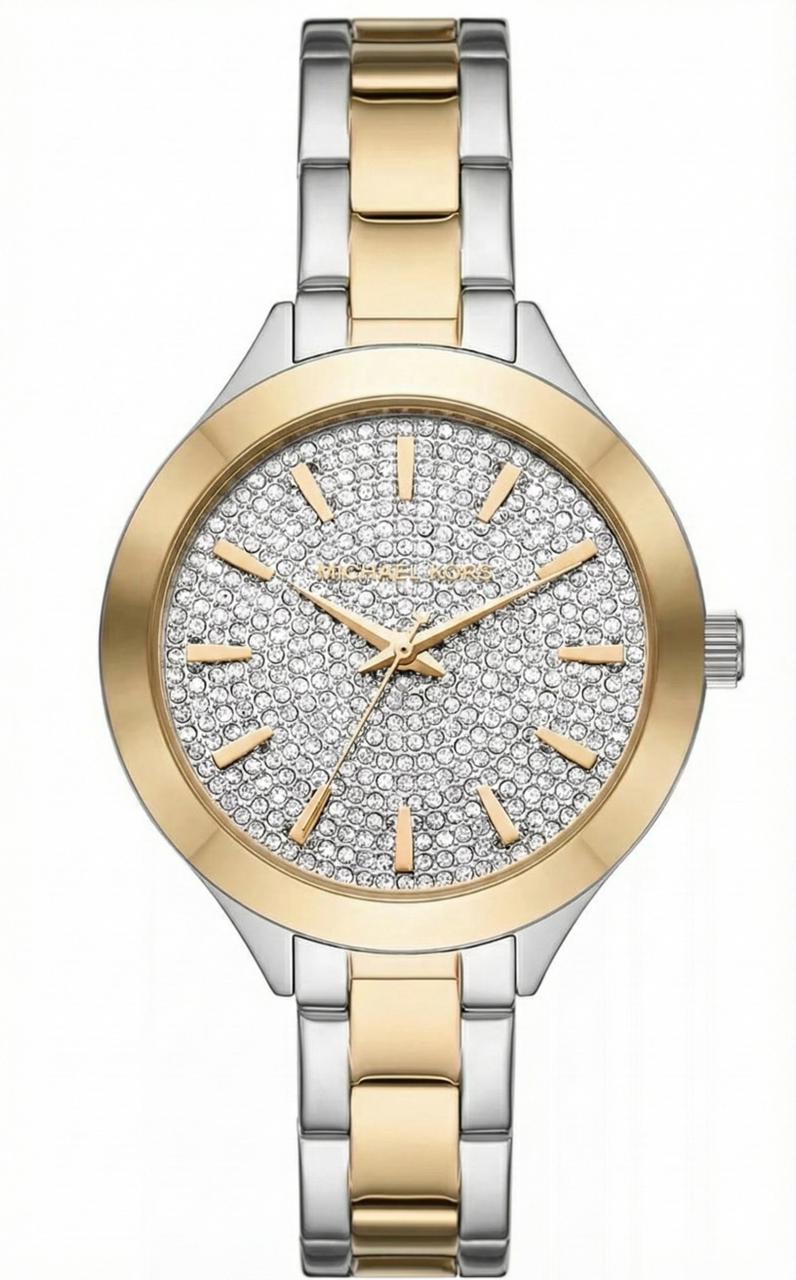 Michael Kors MKO1118 silver and gold-tone watch with crystal-paved dial and link bracelet