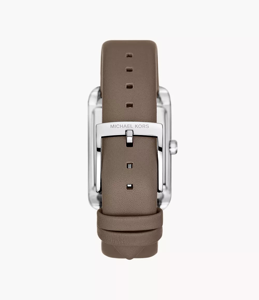 Back view of Michael Kors Monroe watch showing brown leather strap with silver buckle