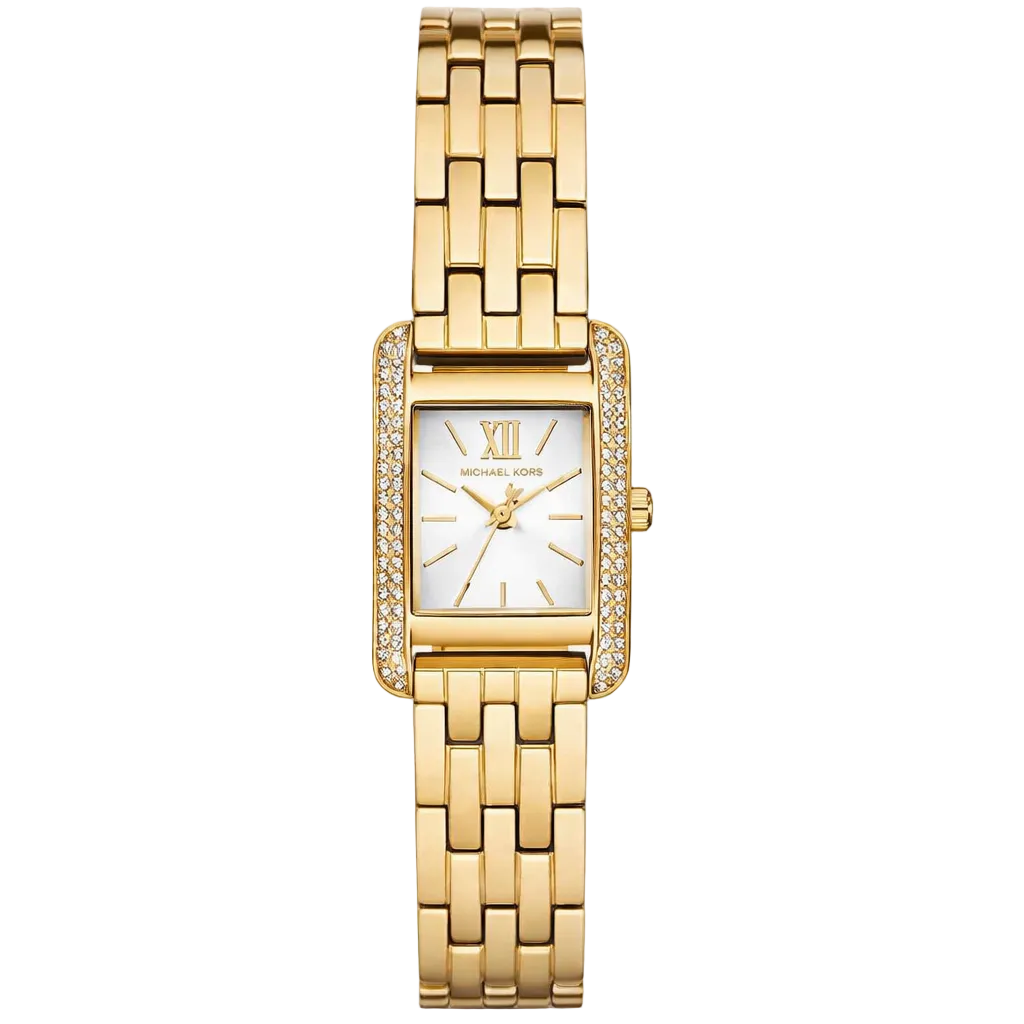 Michael Kors Monroe women's watch with white dial, gold steel strap, and crystal-paved rectangular bezel