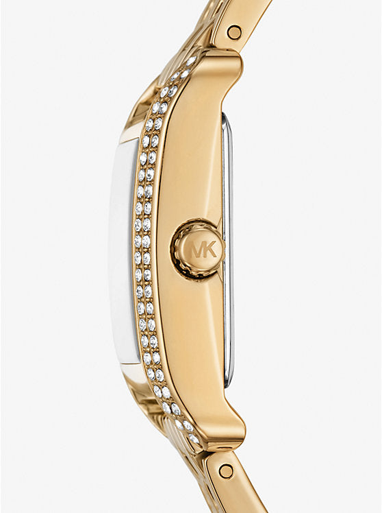 Side view of Monroe watch showing crystal-paved gold bezel and thin rectangular case profile
