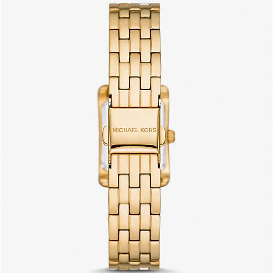 Gold steel bracelet strap with Michael Kors branding on fold-over clasp