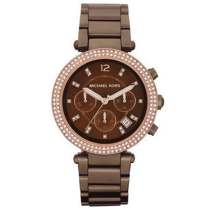 Michael Kors Parker chocolate chronograph watch with diamond bezel and three subdials