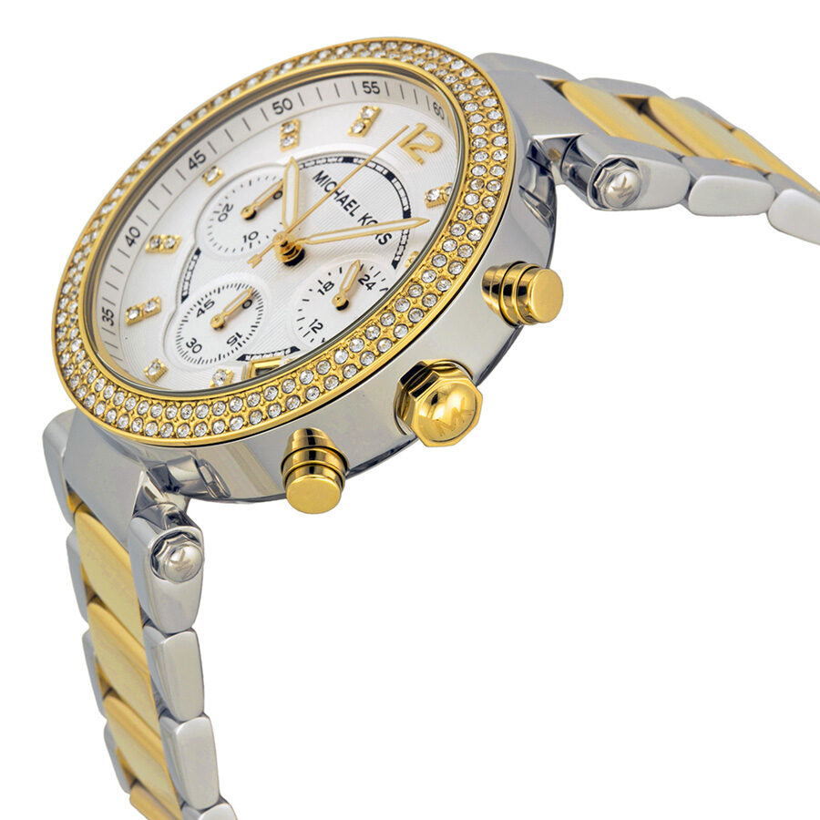 Side angle view of Michael Kors Parker Glitz watch showing chronograph pushers and two-tone bracelet