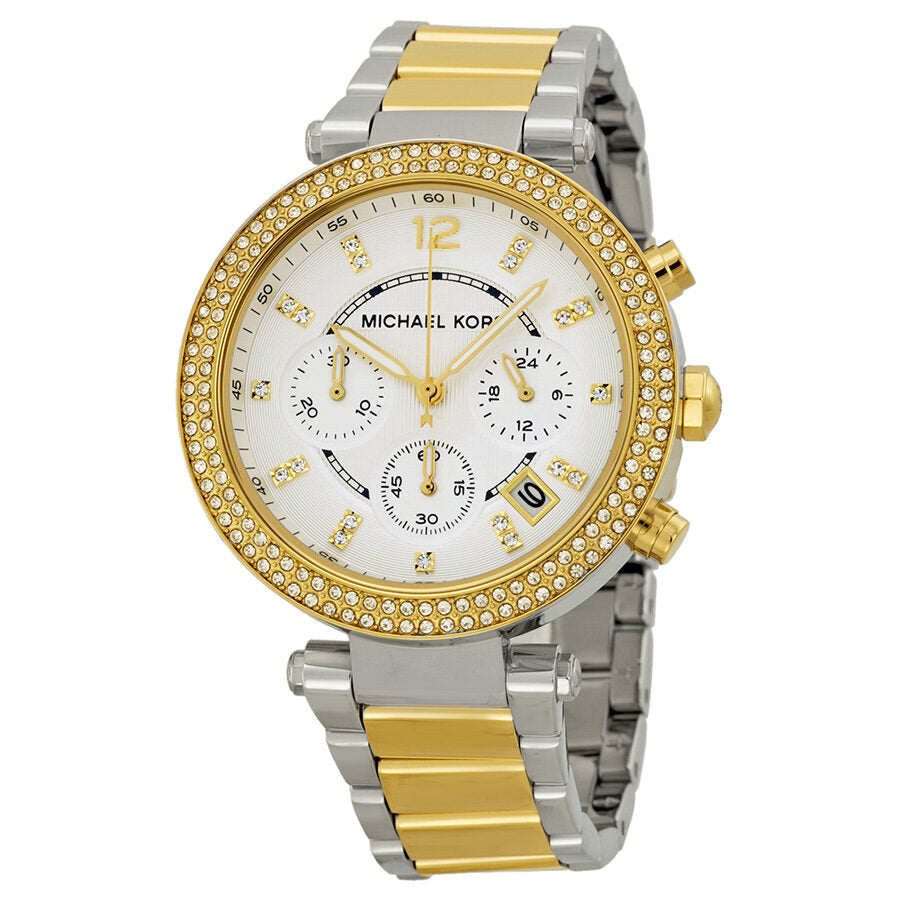 Michael Kors Parker Glitz ladies watch with silver dial, gold-tone bezel, and two-tone silver and gold bracelet