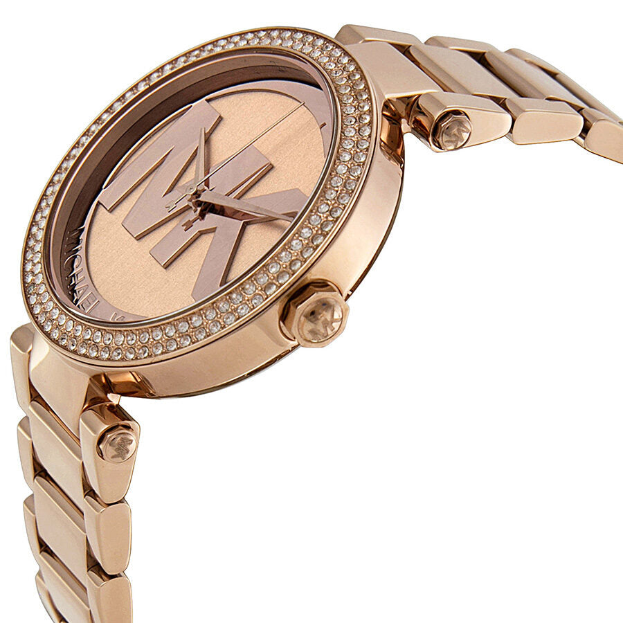 Michael Kors Parker MK5865 watch at angle showing rose gold bracelet strap and crystal-set bezel