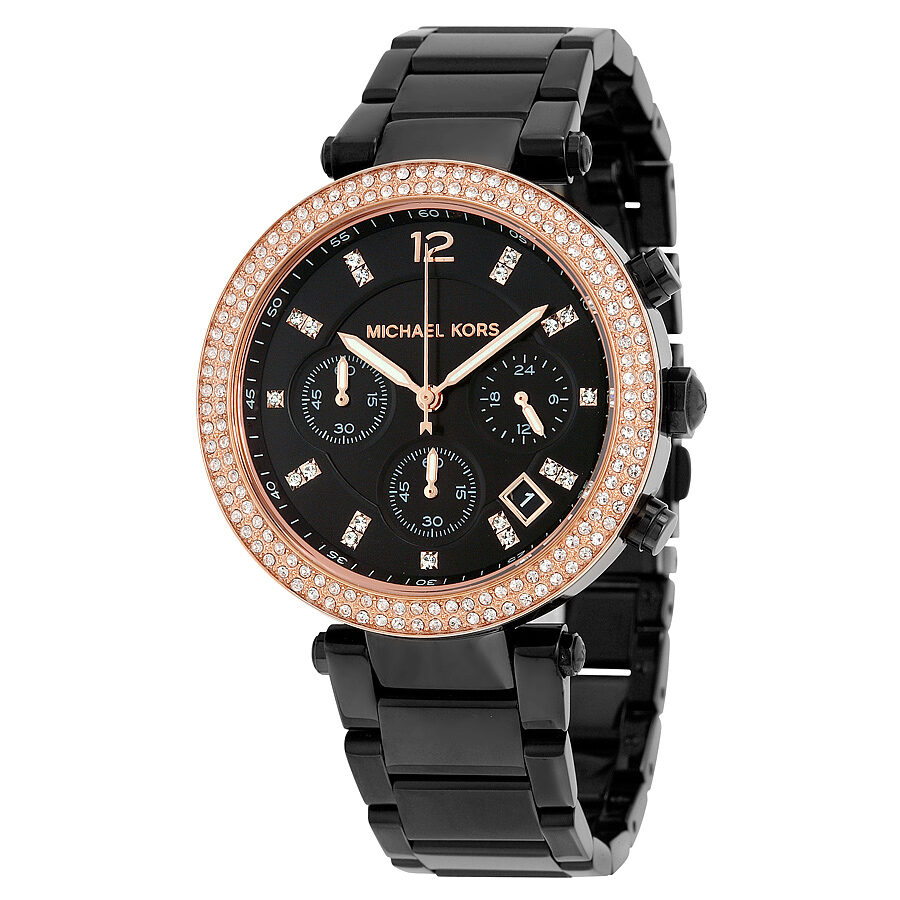 Michael Kors Parker chronograph watch with black dial, rose gold crystal-set bezel, and black bracelet